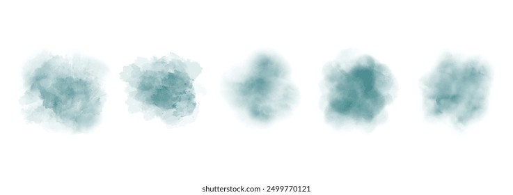 Conjunto de salpicaduras de agua de acuarela cian muy oscura abstracta sobre un fondo blanco. Textura de acuarela de Vector en color de ensalada. Tinción de pincel de tinta. Mancha de salpicaduras cian muy oscura. Salpicadura de pastel de acuarela