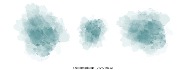 Set of abstract very dark cyan watercolor water splash on a white background. Vector watercolour texture in salad color. Ink paint brush stain. Very dark cyan splatters spot. Watercolor pastel splash