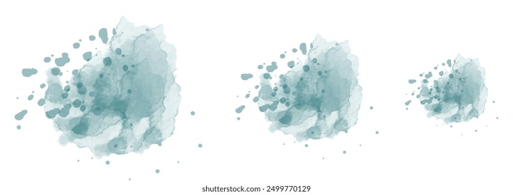 Set of abstract very dark cyan watercolor water splash on a white background. Vector watercolour texture in salad color. Ink paint brush stain. Very dark cyan splatters spot. Watercolor pastel splash