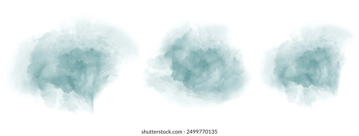 Set von abstraktem, sehr dunklem, türkisem Aquarell, Wassersplash auf weißem Hintergrund. Vektor Aquarell Textur in Salatfarbe. Farbpinselfleck. Sehr dunkle türkisfarbene Schmutzspritzer. Aquarell-Pastell-Spritzer