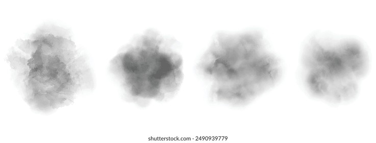 Set of abstract very dark gray watercolor water splash on a white background. Vector watercolour texture in salad color. Ink paint brush stain. Gray splatters spot. Watercolor pastel splash