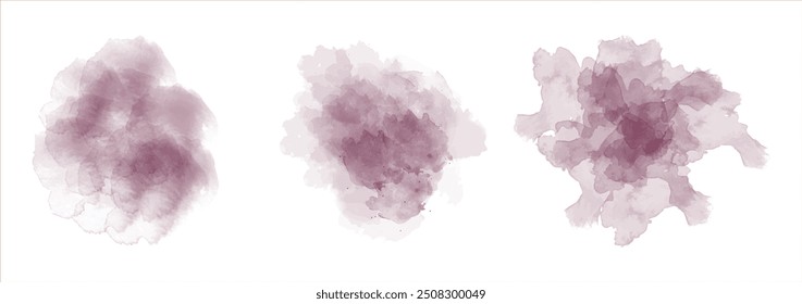Conjunto de salpicaduras de agua de acuarela rosa muy oscuro abstracto sobre un fondo blanco. Textura de acuarela de Vector en color de ensalada. Tinción de pincel de tinta. El rosa oscuro salpica la mancha. Salpicadura de pastel de acuarela