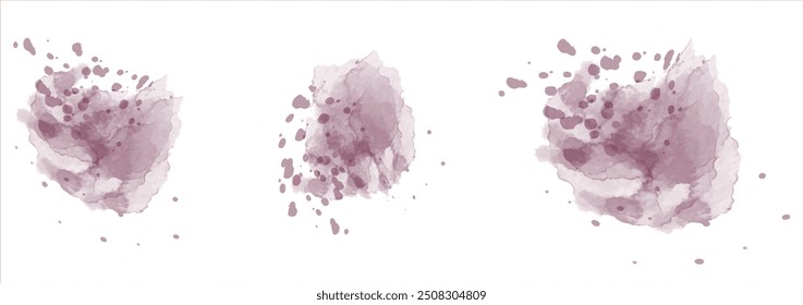 Set of abstract very dark pink watercolor water splash on a white background. Vector watercolour texture in salad color. Ink paint brush stain. Dark pink splatters spot. Watercolor pastel splash