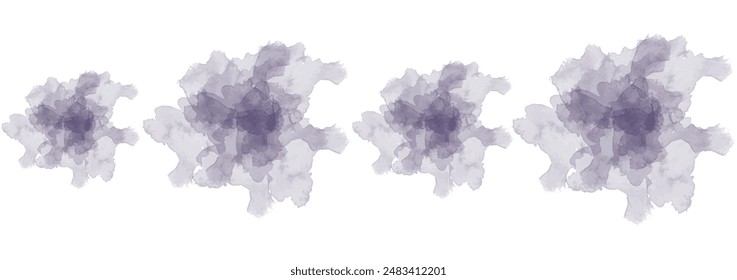Conjunto de agua de acuarela violeta muy oscuro abstracto salpicado sobre un fondo blanco. Textura de acuarela de Vector en color ensalada. Mancha de pincel de tinta. Salpicaduras de violeta. Salpicadura pastel de acuarela