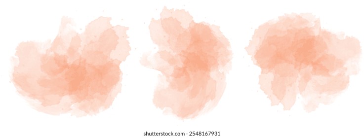 Set of abstract very light orange watercolor water splash on a white background. Vector watercolour texture in salad color. Ink paint brush stain. Orange splatters spot. Watercolor pastel splash