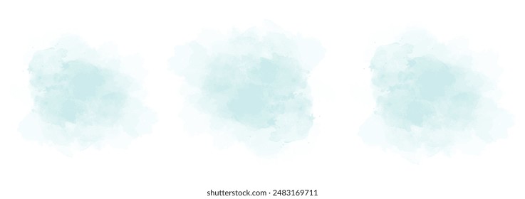 Set of abstract very soft cyan watercolor water splash on a white background. Vector watercolour texture in salad color. Ink paint brush stain. Cyan splatters spot. Watercolor pastel splash