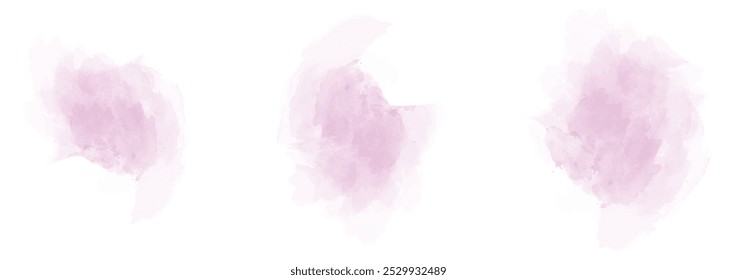 Set of abstract very soft pink watercolor water splash on a white background. Vector watercolour texture in salad color. Ink paint brush stain. Pink splatters spot. Watercolor pastel splash