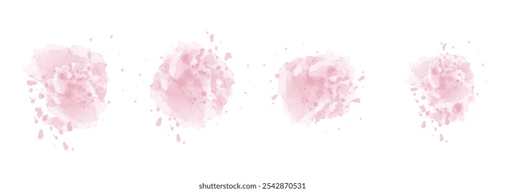 Set of abstract very soft pink watercolor water splash on a white background. Vector watercolour texture in salad color. Ink paint brush stain. Soft pink splatters spot. Watercolor pastel splash