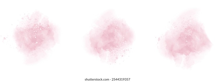 Set of abstract very soft pink watercolor water splash on a white background. Vector watercolour texture in salad color. Ink paint brush stain. Soft pink splatters spot. Watercolor pastel splash