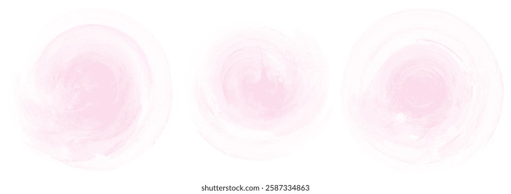 Set of abstract very soft pink watercolor water splash on a white background. Vector watercolour texture in salad color. Ink paint brush stain. Pink splatters spot. Watercolor pastel splash