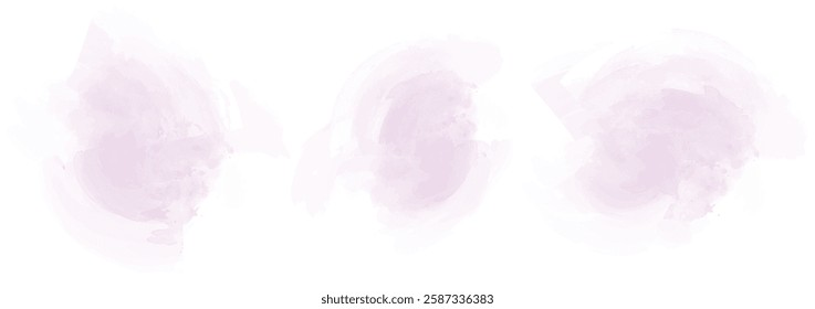 Set of abstract very soft violet watercolor water splash on a white background. Vector watercolour texture in salad color. Ink paint brush stain. Violet splatters spot. Watercolor pastel splash