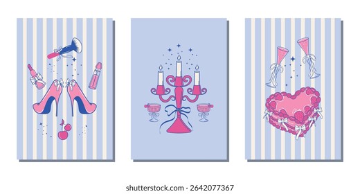 A set of abstract vintage posters for a bachelorette party, birthday, wedding. Modern prints with painted cosmetics, cake, glasses, candle holder. The concept of the holiday. Vector design.