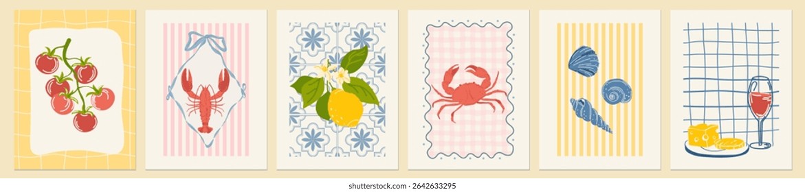 A set of abstract vintage posters depicting food. Amalfi, dolce vita style. Hand-drawn lemons, crab, lobster, tomatoes, wine, and cheese. Mediterranean cuisine.Trendy design for postcards, printing