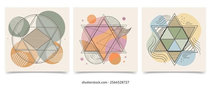 Set of abstract vintage posters with mystical symbols in pastel colors. Collection of retro backgrounds. Illustration