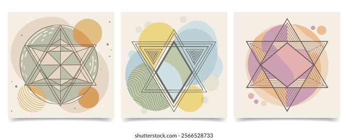 Set of abstract vintage posters with mystical symbols in pastel colors. Collection of retro backgrounds. Illustration