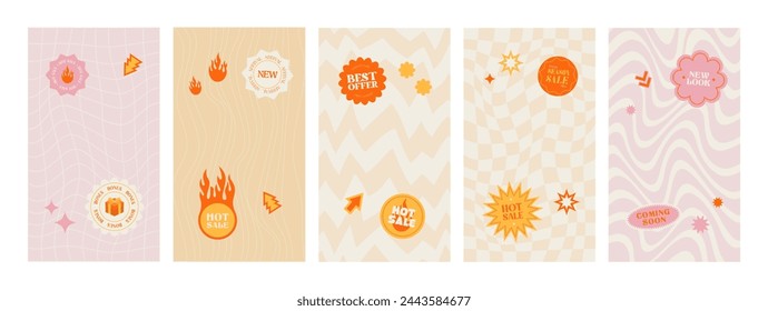 Set of abstract vintage template. New Arrival. Bonus. Sale. Best offer. Coming soon. Retro Trendy Promotion. 90s 80s 70s. Shopping stickers pack or icons collection. Vector