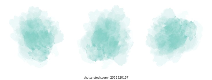 Set of abstract vivid cyan watercolor water splash on a white background. Vector watercolour texture in salad color. Ink paint brush stain. Vivid cyan splatters spot. Watercolor pastel splash