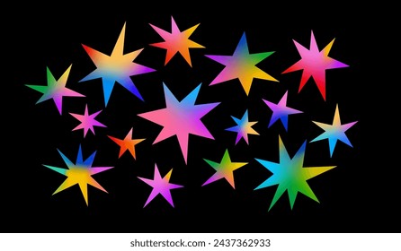 Set of Abstract Vivid Doodle Stars with Rainbow Gradient. Vector Bright Sky Illustration. Graphic Elements for Holi Carnival and Night Parties Posters,  Kids Backgrounds and Bright Templates