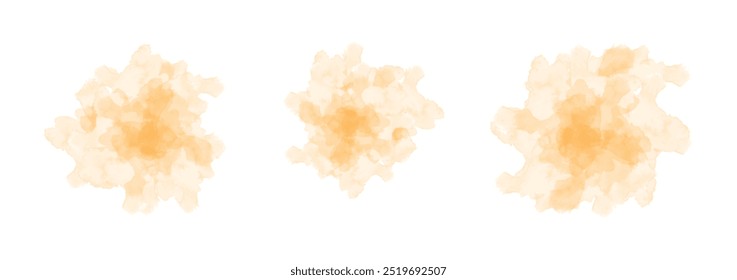 Set of abstract vivid orange watercolor water splash on a white background. Vector watercolour texture in salad color. Ink paint brush stain. Vivid orange splatters spot. Watercolor pastel splash