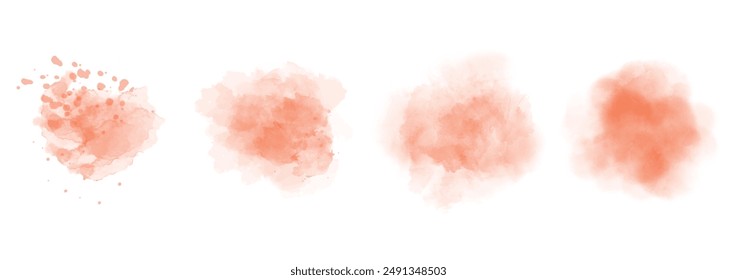 Set of abstract vivid red watercolor water splash on a white background. Vector watercolour texture in salad color. Ink paint brush stain. Vivid red splatters spot. Watercolor pastel splash