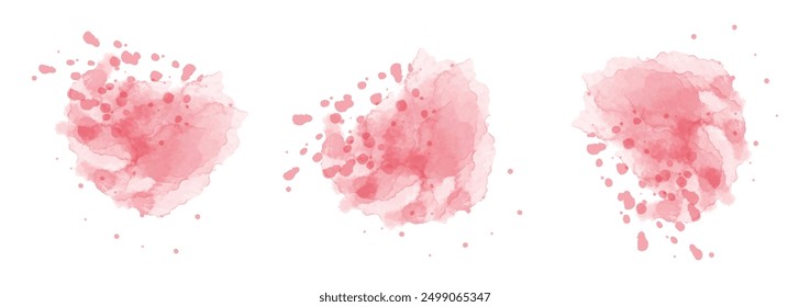 Set of abstract vivid red watercolor water splash on a white background. Vector watercolour texture in salad color. Ink paint brush stain. Vivid red splatters spot. Watercolor pastel splash