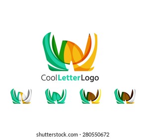 Set of abstract W letter company logos. Business icons made of overlapping flowing waves. Light color modern minimal design