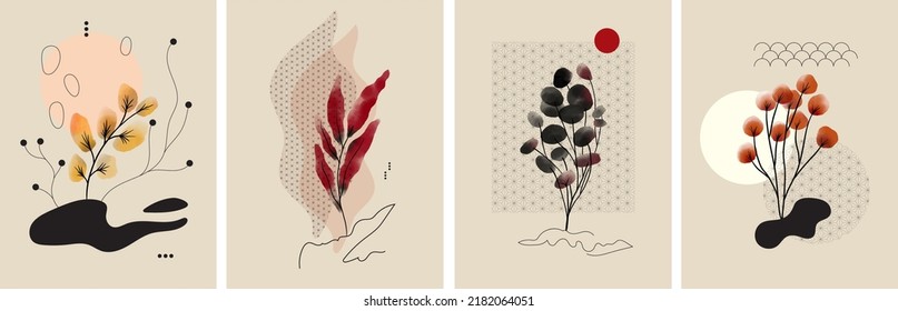 Set of abstract wall art with autumn plants. Branches, leaves. Line art elements, colorful stain. Japanese style botanical print with leaf for banner, cover, poster