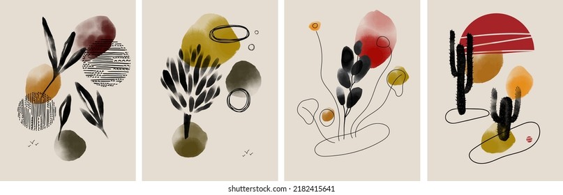 Set of abstract wall art with autumn plants. Branches, leaves, cactus, protea. Line art elements, colorful stain. Japanese style botanical print with leaf for banner, cover, poster