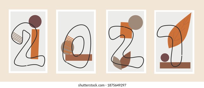 Conjunto de arte mural abstracto. Resumen de fondo de pantalla para feliz año nuevo 2021. Decoración de paredes de color crema pastel. Ilustración vectorial de estilo escandinavo. Concepto de diseño minimalista.
