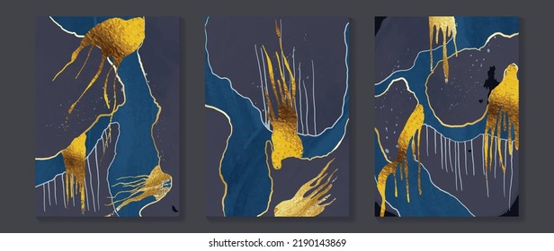 Set of abstract wall art background vector. Luxury wall decoration design with blue watercolor, gold dripping, golden line art. Design for interior, prints, cover, and postcard, wallpaper.