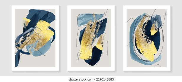 Conjunto de vector de fondo de arte de pared abstracto. Diseño de pared de lujo con acuarela azul, pintura dorada, líneas doradas. Diseño para interiores, impresiones, cubierta y postales, papel pintado.