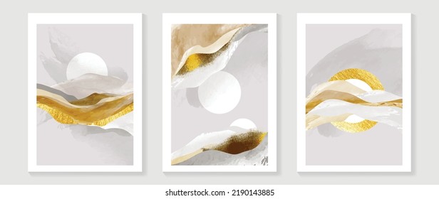 Set of abstract wall art background vector. Luxury wall decoration design with moon, sun, landscape, mountain, gold texture, watercolor. Design for interior, prints, cover, and postcard, wallpaper.
