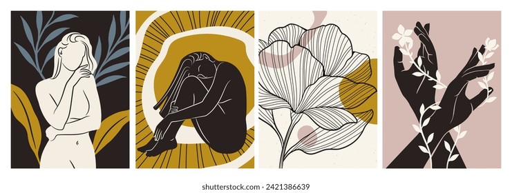 Set of abstract wall art in boho style. Minimalistic illustrations with female silhouettes, outline floral ornaments and blooming plants. Cartoon flat vector collection isolated on white background