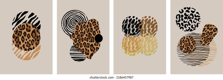 Set of abstract wall art with leopard pattern and hand drawn scribble circle. Line art elements. Minimalist illustration with animal skin for cover, poster, placard, template on beige background