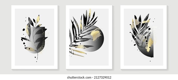 Set of abstract wall art template. Elegant design with tropical eucalyptus leaves and shapes in black gradient. Golden texture design for wall decoration, interior, prints, cover, and postcard.