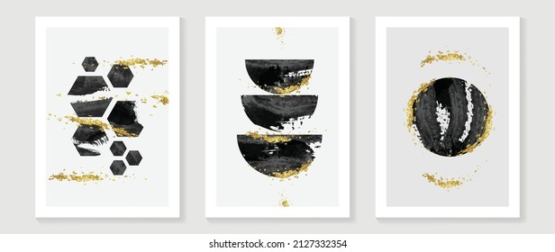 Conjunto de plantillas abstractas de arte de pared. Diseño elegante con formas hexagonales, semicírculo y círculo pintado a mano negra. Diseño de textura dorada para decoración de paredes, interiores, impresiones, cubierta y postal.