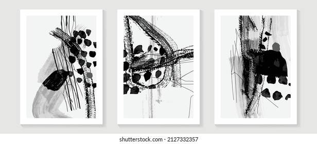 Set of abstract wall art template. Design on white background with black paint, line art, and dots pattern in hand painted. Design for wall decoration, interior, prints, cover, and postcard.
