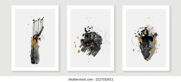 Set of abstract wall art template. Luxury design on white background with black paint, line art, and gold drops in hand painted. Design for wall decoration, interior, prints, cover, and postcard.