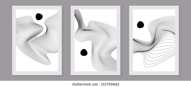 Set of abstract wall art template. Design on white background with black wave lines, line art, and circle shapes in line art. Design for wall decoration, interior, prints, cover, and postcard.