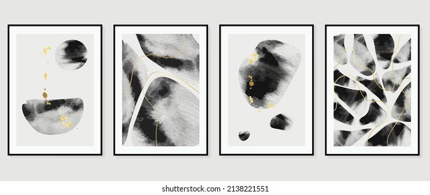 Set of abstract wall art template. Luxury design on white background with black paint, line art, and gold drops in hand painted. Design for wall decoration, interior, prints, cover, and postcard.