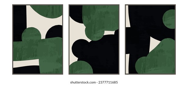 Set of abstract wall art templates. Modern design on a white background with black and green paint, line art and texture. Design for wall decoration, interior, prints, covers and postcards.	