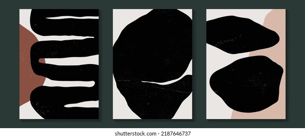 Set of abstract wall art vector background. Wall decor design with organic shapes, monochrome, black, white color. Abstract painting for wall decoration, interior, prints, cover, and postcard.