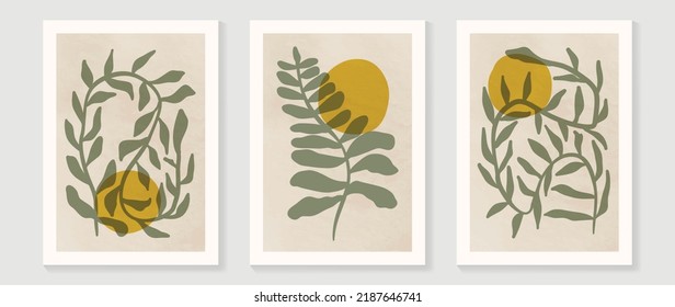 Set of abstract wall art vector background. Wall decor design with leaf branch, leaves, foliage, plant, tree. Abstract watercolor painting for wall decoration, interior, prints, cover, and postcard.