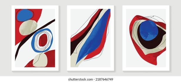 Set of abstract wall art vector background. Wall decor design with red, blue color, circles, line art. Abstract watercolor painting for wall decoration, interior, prints, cover, and postcard.