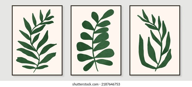 Set of abstract wall art vector background. Wall decor design with leaf branch, leaves, foliage, plant, tree. Abstract watercolor painting for wall decoration, interior, prints, cover, and postcard.