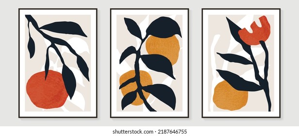 Set of abstract wall art vector background. Wall decor design with black color, leaf branch, fruits. Abstract watercolor painting for wall decoration, interior, prints, cover, and postcard.