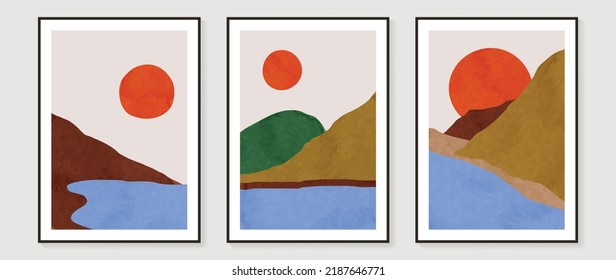 Conjunto de fondo vectorial de arte de pared abstracto. Decoración de pared con paisaje, sol, lago, río, playa. Resumen de pintura acuarela para decoración de paredes, interiores, impresiones, cubierta y postal.