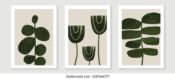 Set of abstract wall art vector background. Wall decor design with green color, organic shapes, tree, leaf. Abstract watercolor painting for wall decoration, interior, prints, cover, and postcard.