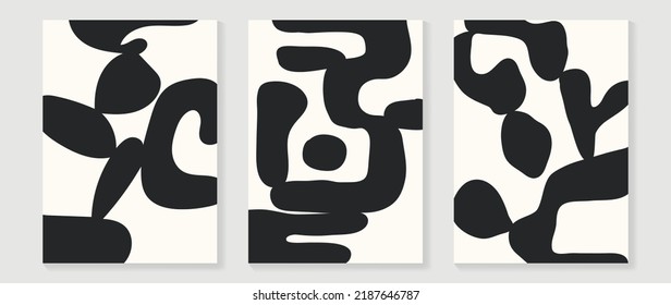 Conjunto de fondo vectorial de arte de pared abstracto. Diseño de pared con formas orgánicas, monocromo, negro, blanco. Pintura abstracta para decoración de paredes, interiores, impresiones, cubierta y postal.