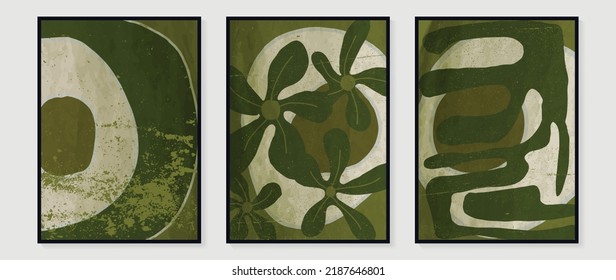 Set of abstract wall art vector background. Wall decor design with green color, flowers, organic shapes. Abstract watercolor painting for wall decoration, interior, prints, cover, and postcard.